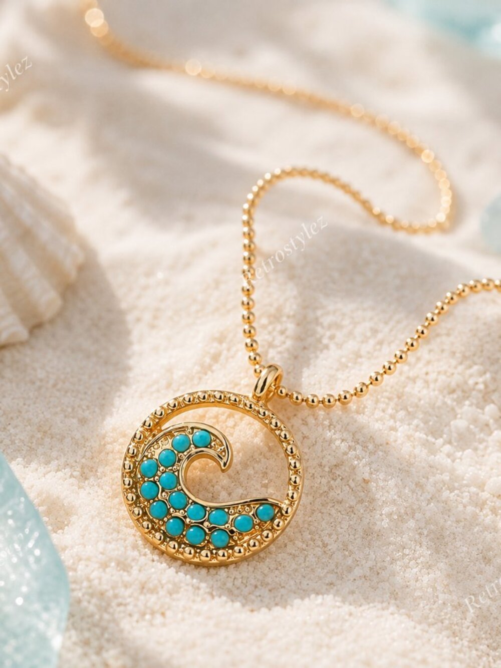 18K Gold Womens Round Turquoise Gemstone Pendant Necklace 18 K Silver Jewelry